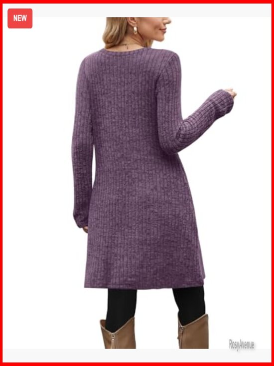 Long Sleeve Tunic Dress with Pockets, A-Line Silhouette, Button Details - Picture 5 of 5